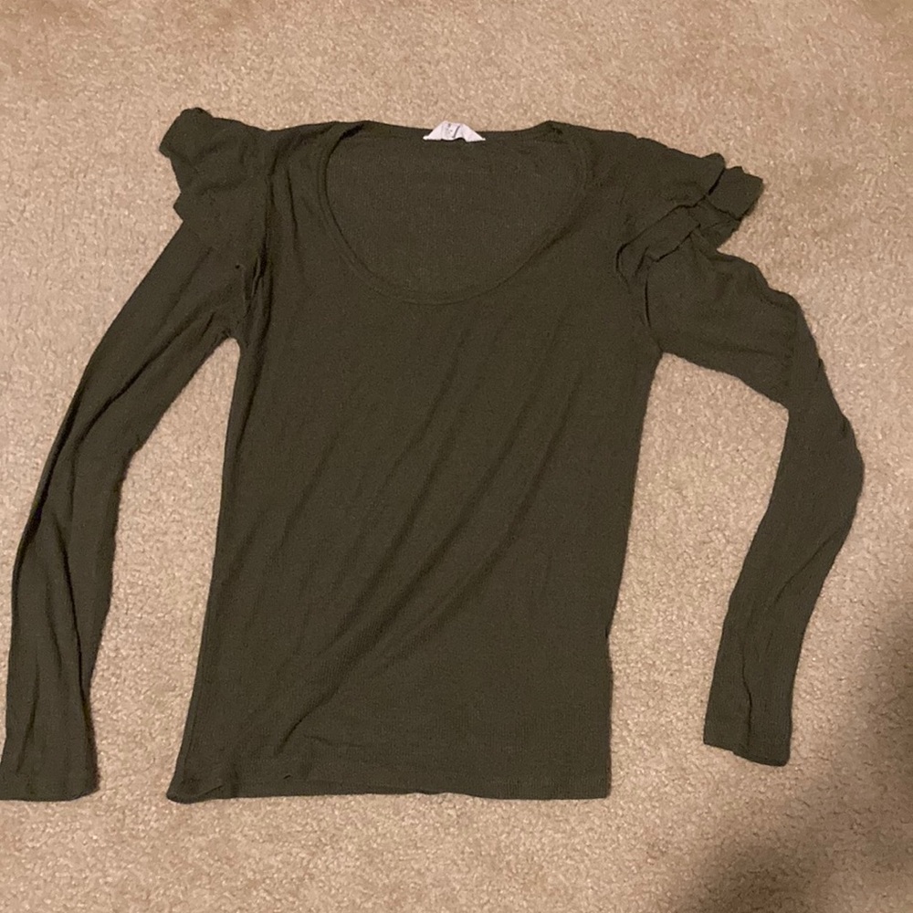 Olive Green super stretch Ruffle Sleeve Women's Top